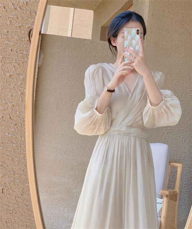 ワンピース Ｖネック パフスリーブ ロングスカート S グレー