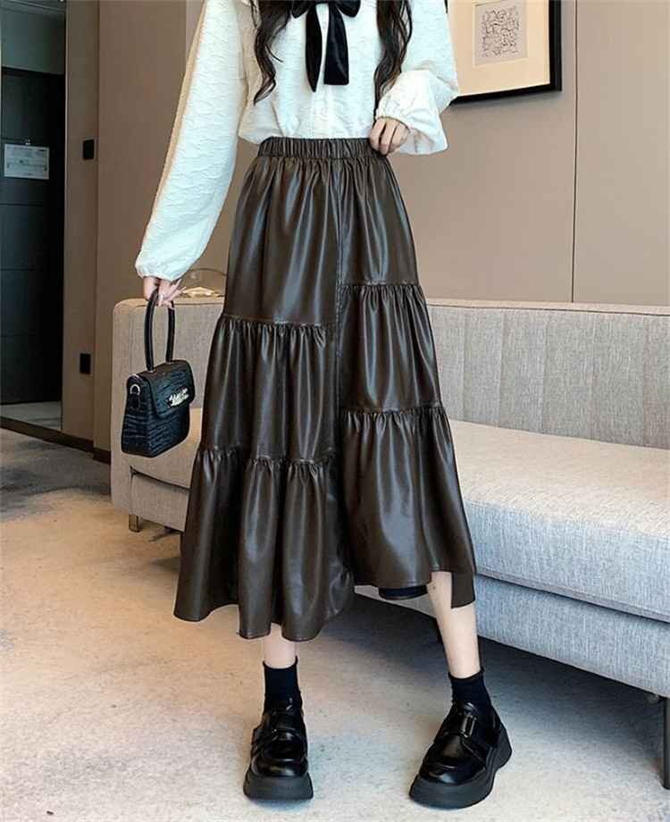 ひざ丈スカート Aラインスカート フリル かわいい ストリート カジュアル レトロ M コーヒー