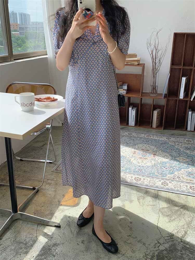 フローラル スリム Vネック ロングスカート 半袖 ワンピース S ブルー