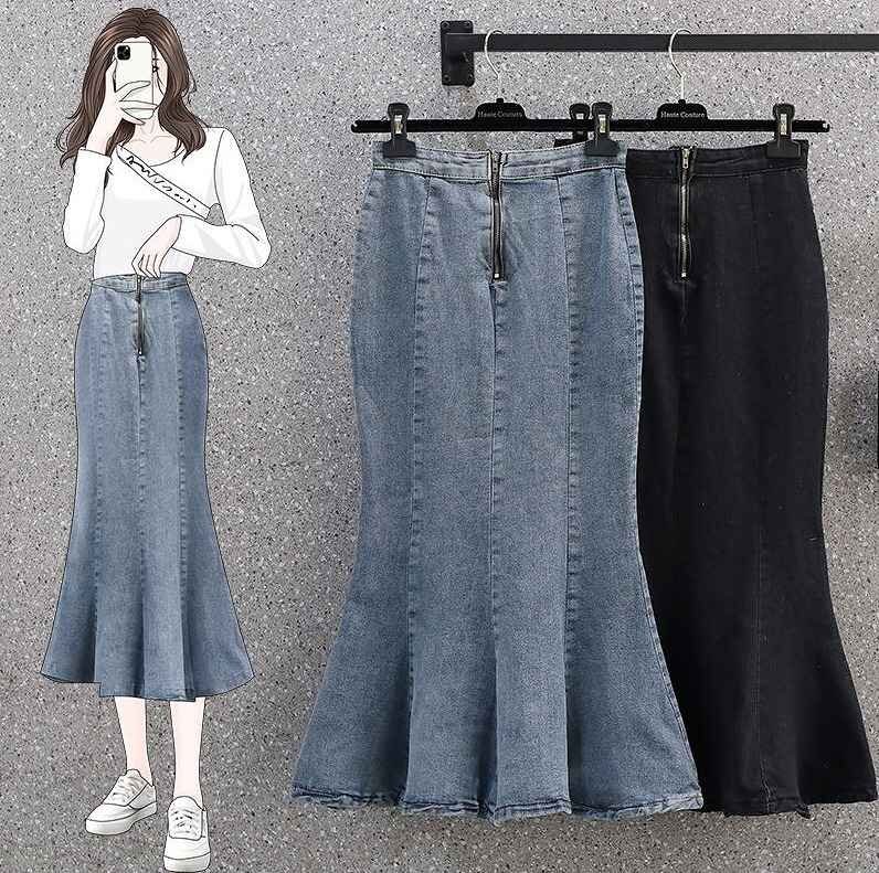 全2色 デニムスカート マチャプチャレ フリル スリット スリム 着痩せ デニム 【大きいサイズあり】 XL ブルー