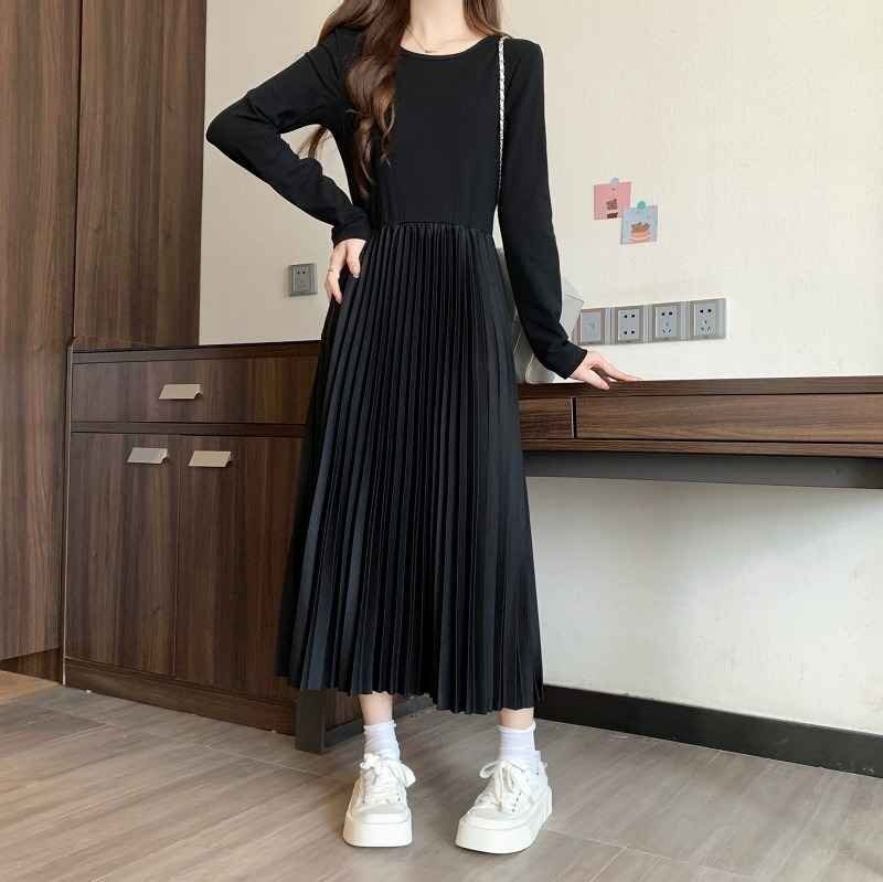 裏起毛ワンピース ロングワンピ ホワイトシンプル 長袖 カジュアル 無地 秋冬 【大きいサイズあり】 L ブラック