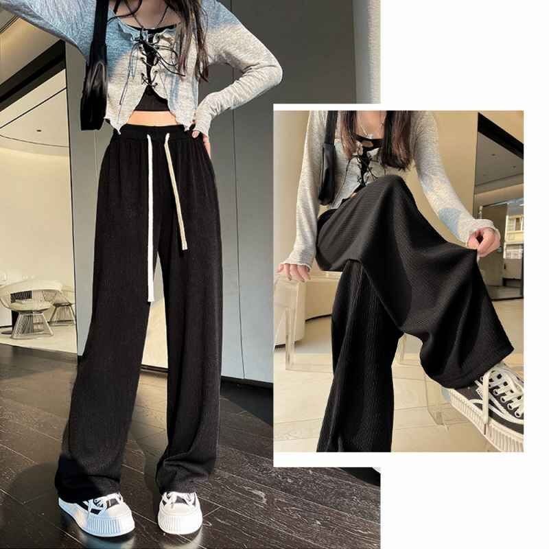  Semi-wide pants long pants lady's waist rubber summer pants casual XL black 