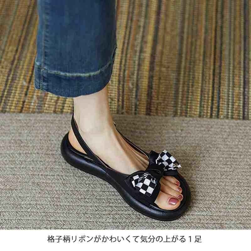  lady's sandals ribbon .. check lovely Flat .....femi person black 36 black 