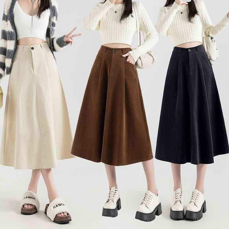 ひざ丈スカート フリル カジュアル シンプル かわいい 秋冬 XL ブラウン