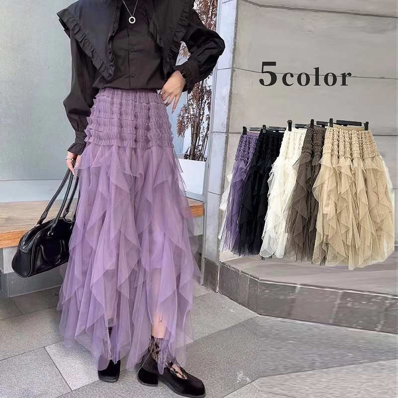 フリルスカート チュールスカート フレアスカート 着痩せ 韓国ファッション 5colors フリー ブラック