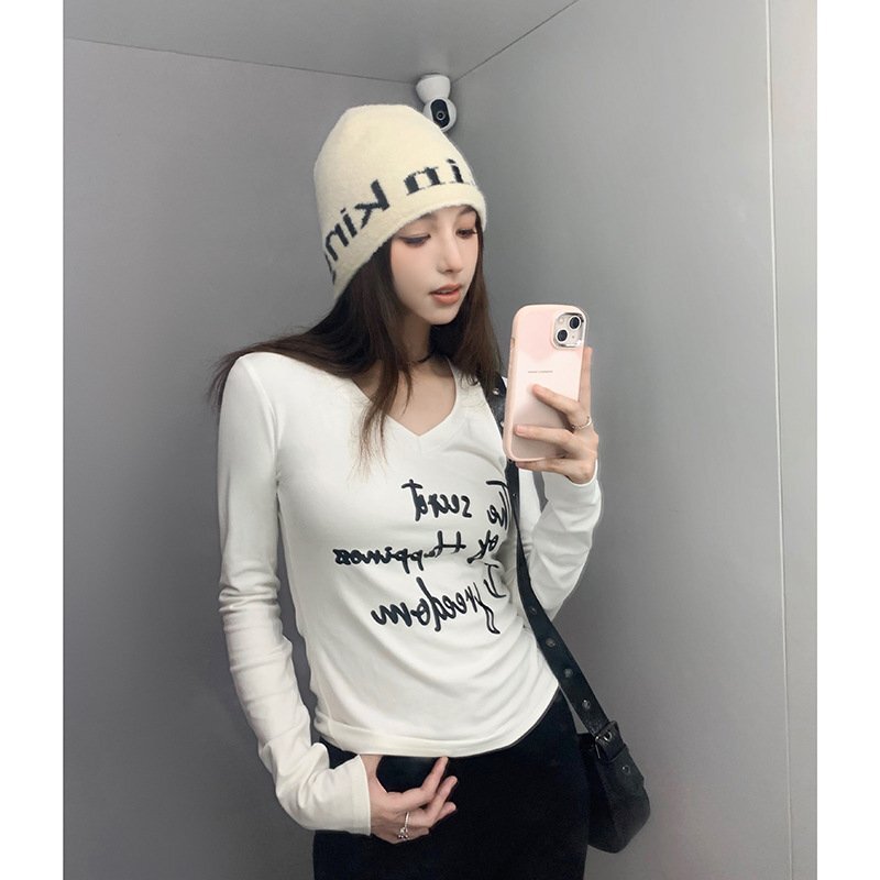 Vネック長袖Tシャツ トップス レディース 韓国ファッション S ホワイト