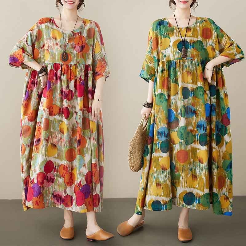 ウエストギャザー入り ポケット付き ゆったり 可愛いドットロングワンピース F レッド
