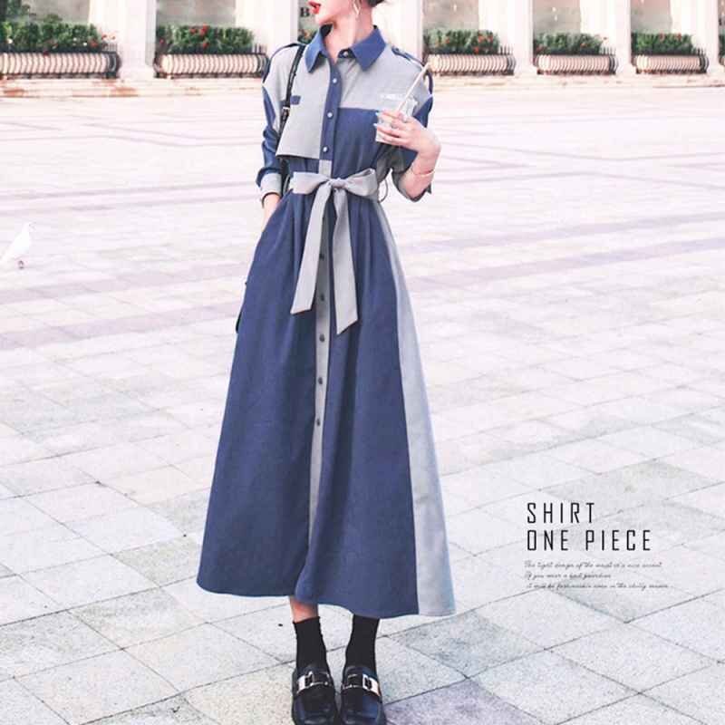 シャツワンピース ロング レディース 長袖 ミモレ丈 ワンピース L ブルー