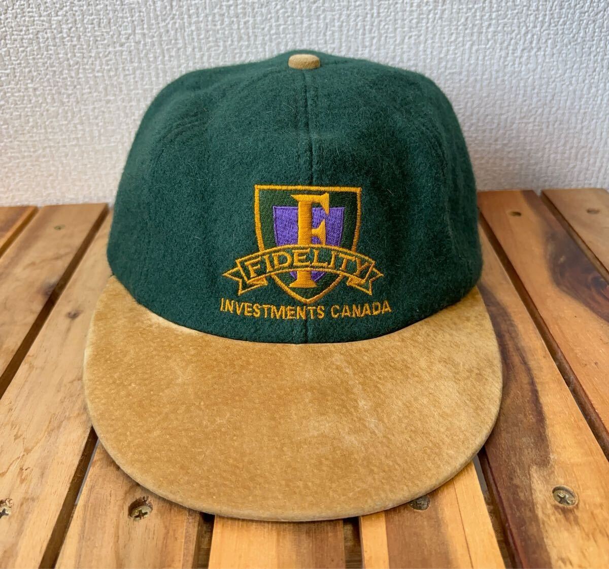 90s カナダ製 FIDELITY INVESTMENTS ウール スウェード キャップ 帽子 企業刺繍