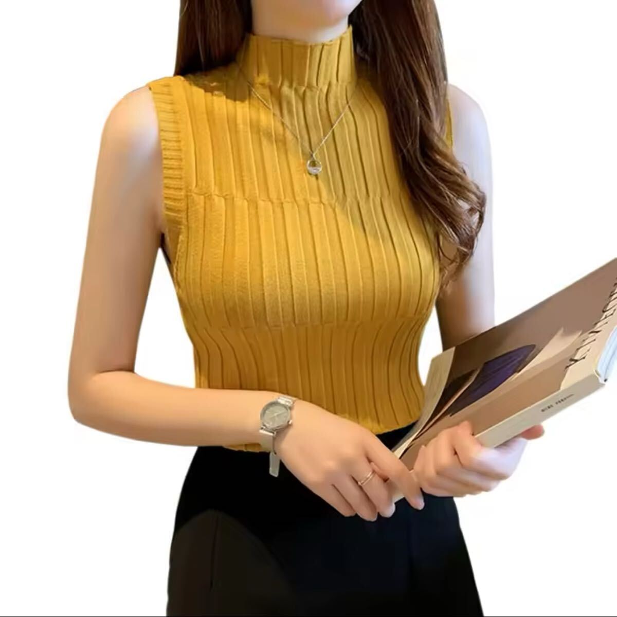 ノースリーブ ニット　イエロー　黃色　プチハイネック　無(wú)地　新品　未使用　一點(diǎn)限定早い者勝ち