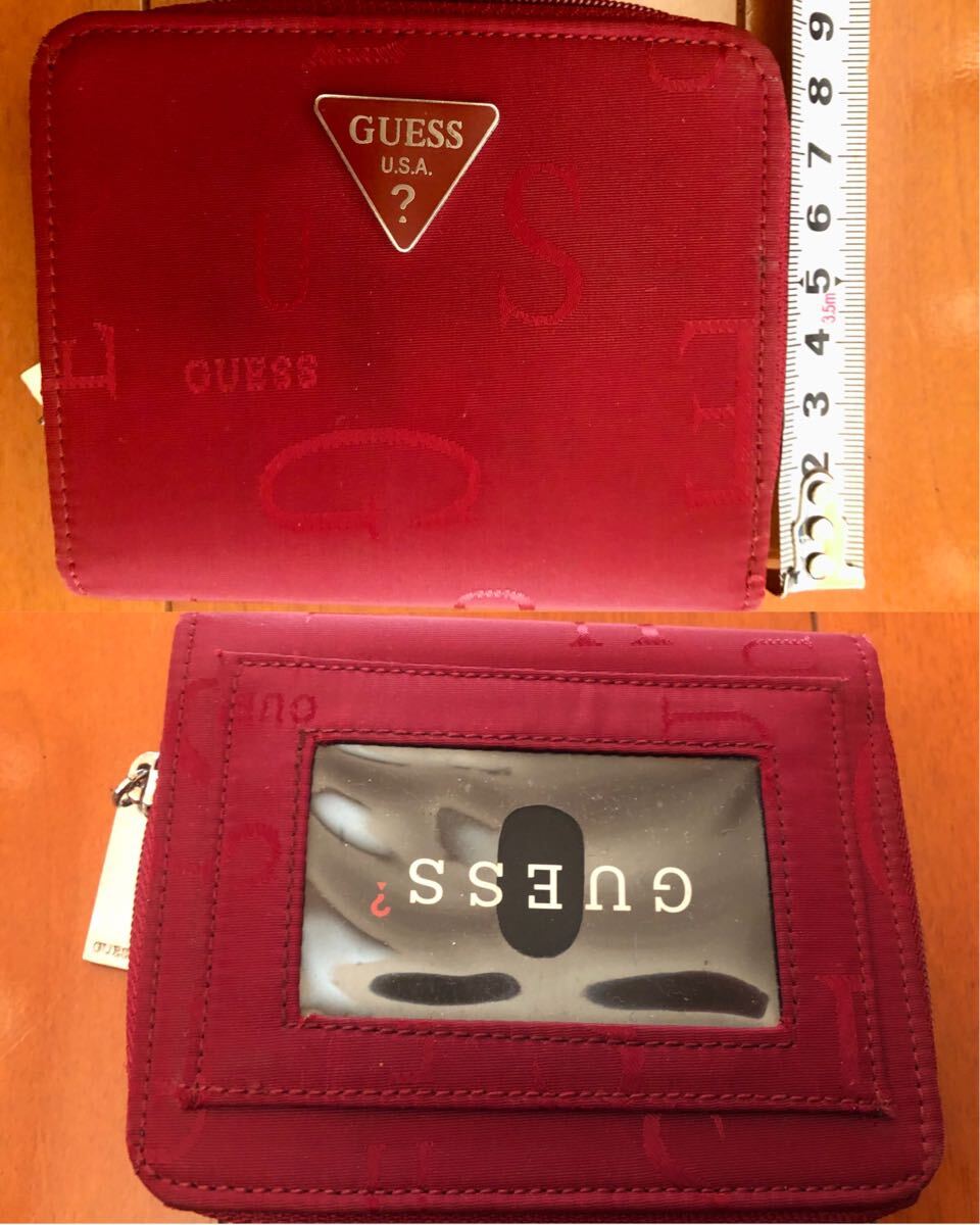 美品GUESS USAゲスパスケース付二つ折財布赤ナイロン系軽量カード入れ×8♪ 定期入れ