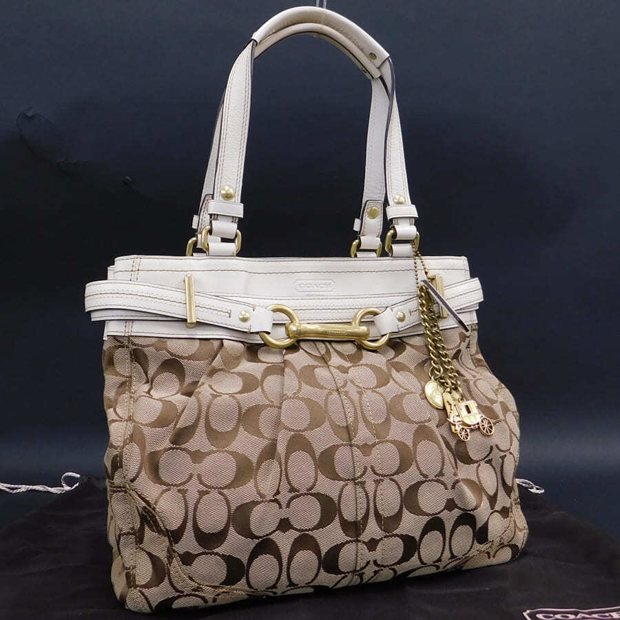1円 ■ 極美品 コーチ トートバッグ 12467 ブラウン×ホワイト系 キャンバス×レザー COACH ■E.Bsl.Ar-06