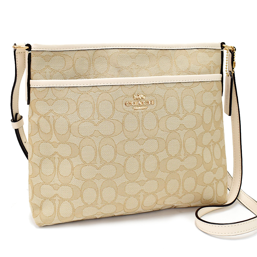1円 ◆新品同様 COACH コーチ ファイルバッグ ショルダーバッグ F29960 シグネチャー ライトカーキ チョーク ベージュ ◆E.Bgg.zE-19☆