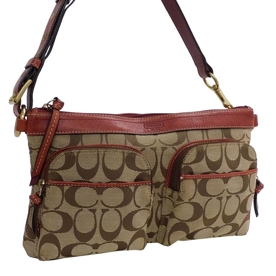 1円 ■ コーチ ショルダーバッグ スシグネチャー キャンバス×レザー ブラウン系×レッド系 COACH ■E.Bsg.zE-29