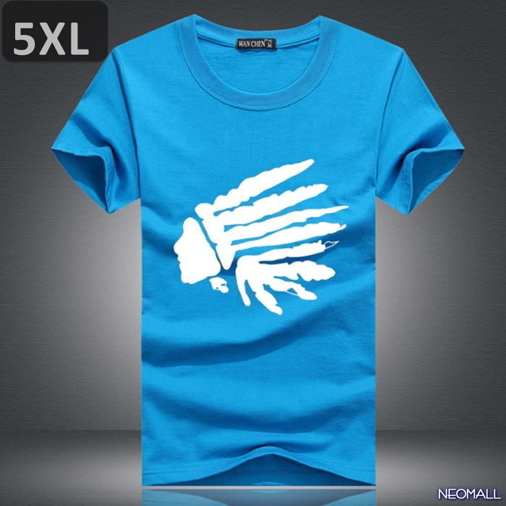 夏の定番 ☆ 丸首 半袖 Tシャツ【462】 ブルー 5XLサイズ トップス シャツ シンプル イラスト デザイン 春夏