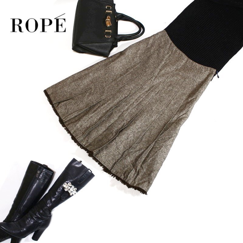 美品 厚手 起毛 ROPE’ ロペ カシミヤ 冬 あったか シンプル ミックス ウールスカート 7号 レディース ホワイト 白 綺麗め コンサバ