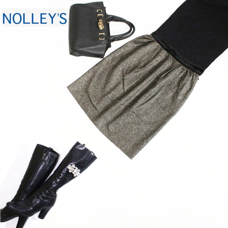 美品 厚手 ノーリーズ NOLLEY'S 秋 冬 上品 艶 ラメ ギャザー 可憐 ツイードスカート ウールスカート 36 7号 ブラック 黒 ベージュ