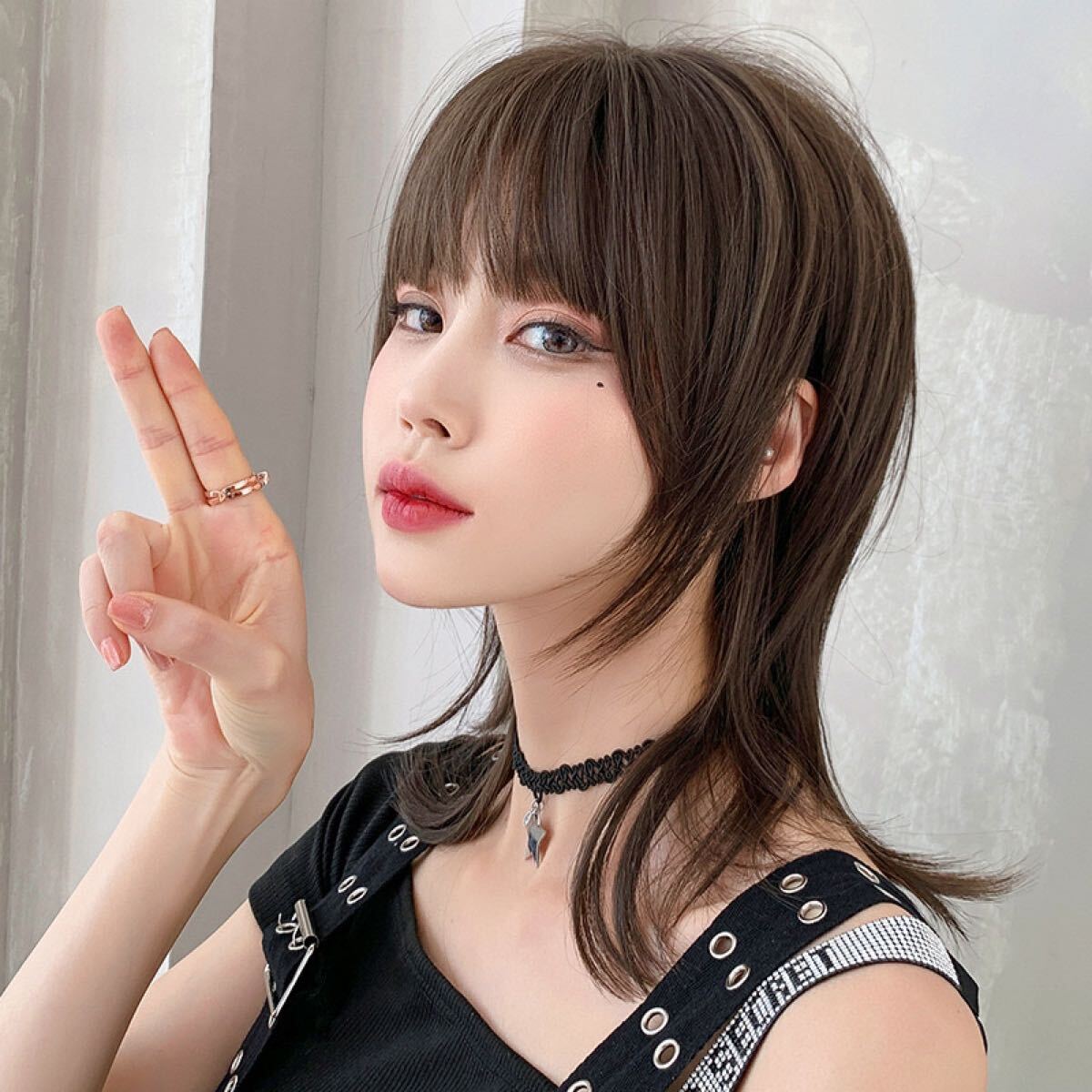 W19◎フルウィッグ ファッションウィッグ ミディアム ウルフ ブラウン 耐熱 かつら