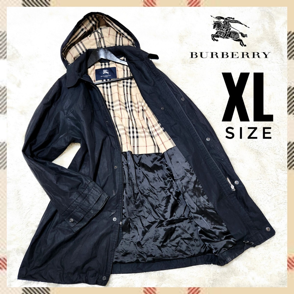 １円～　大きめXLサイズ　バーバリー　BURBERRY LONDON 2way　フーディ　トレンチコート　ロング　フード脱着式　ノバチェック　ブラック