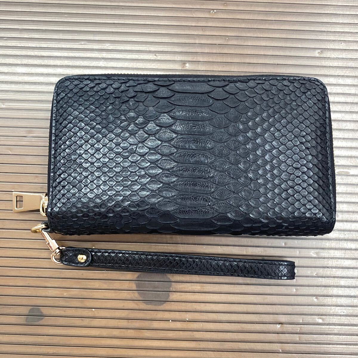 ブラックパイソン 長財布 蛇 パイソンレザー/ヘビ革ラウンドファスナー コインケース/小銭入れ カード7枚 スマホ収納_画像2