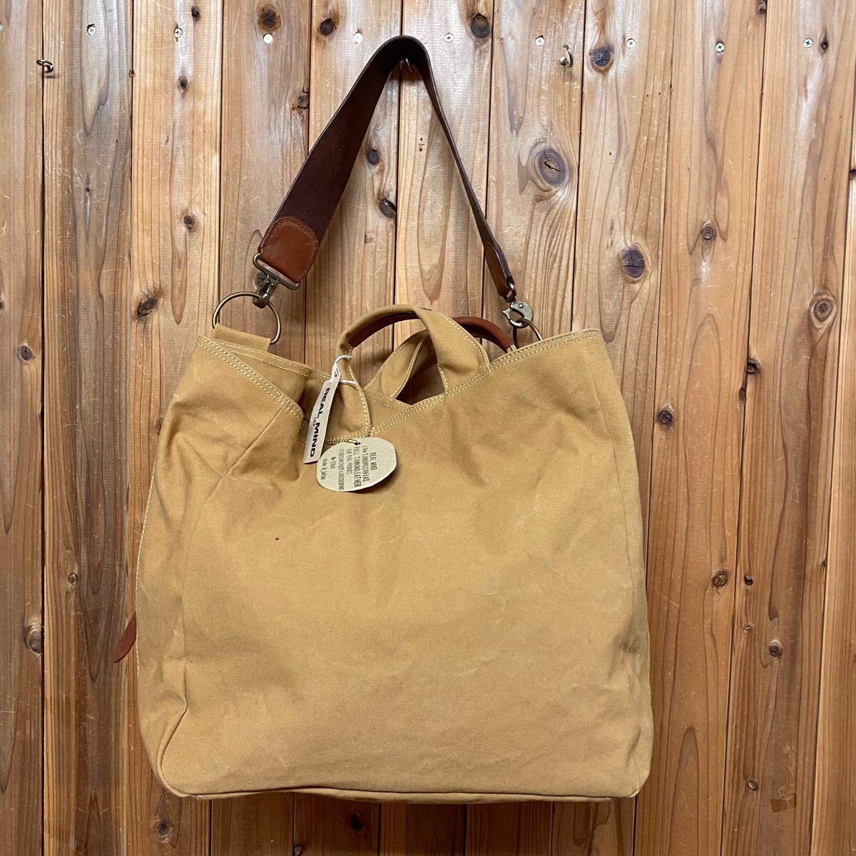 ≪未使用品≫REAL MIND LILY * リアルマインド リリー 大容量 帆布×レザー トートバッグ ショルダーバッグ 2way キャメル 定価24,000円_画像4