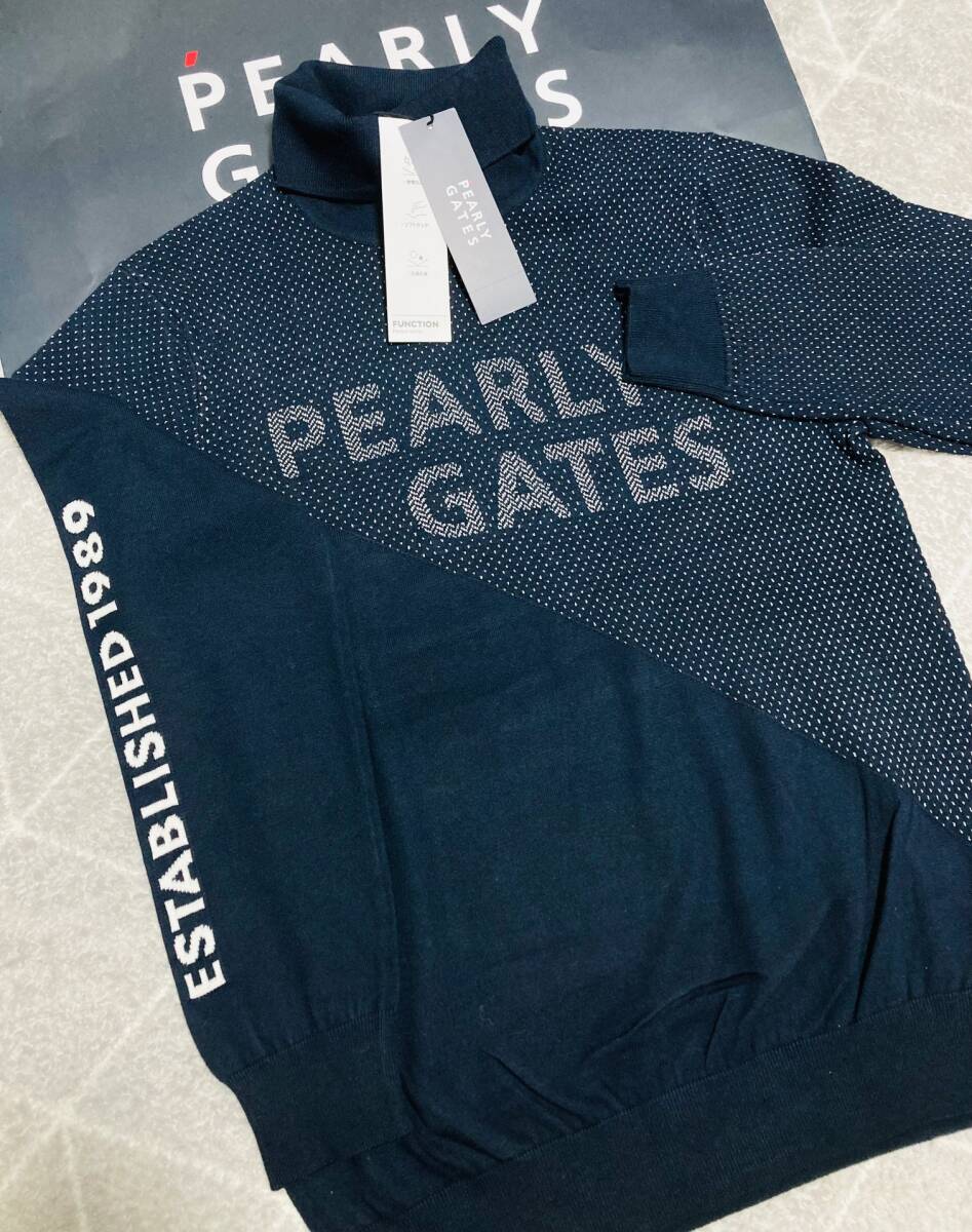新品 パーリーゲイツ カシミヤタッチコットンタートルネックニットプルオーバー (6)サイズLL/紺 PEARLY GATES