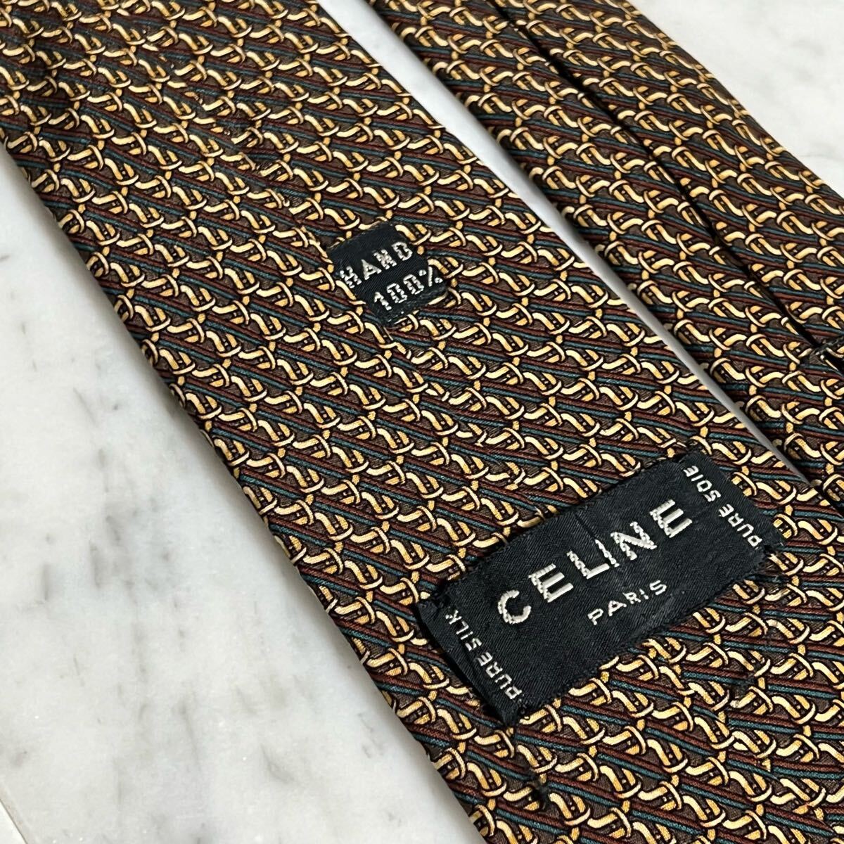 【美品】 999円～ CELINE ネクタイ ブラウン ストライプ 総柄 (GREEN B4)
