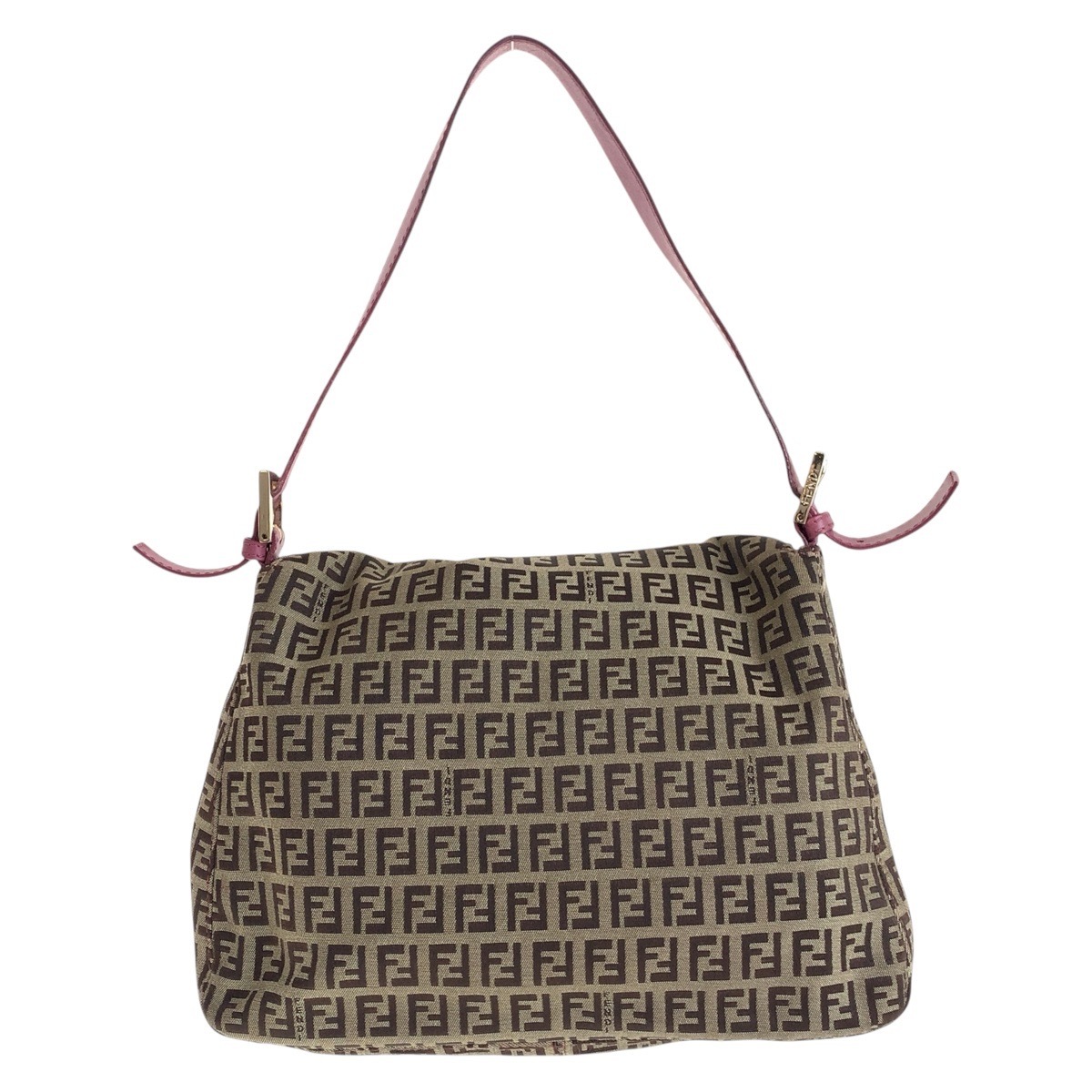 美品 FENDI フェンディ ズッキーノ マンマバケット ブラウン ピンク ゴールド金具 キャンバス/レザー ショルダーバッグ レディース 410973