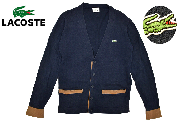 Y-8409★LACOSTE ラコステ (株)ファブリカ★オールシーズン 日本製 ネイビー ワニロゴ刺繍 長袖 コットン ニット カーディガン セーター 3_画像1
