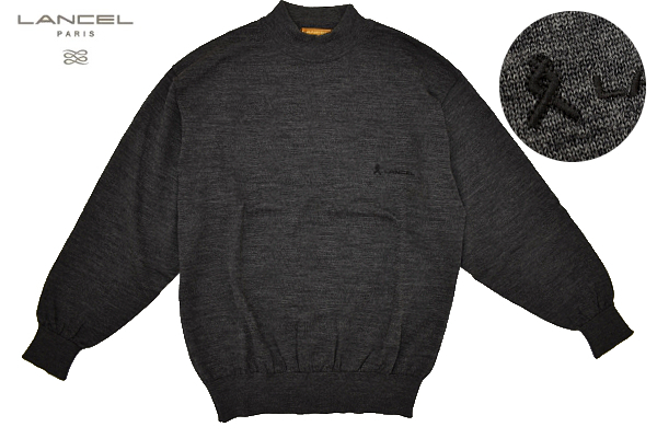 Y-8458★送料無料★超美品★LANCEL PARIS ランセル パリ★正規品 日本製 胸ロゴ刺繍 チャコールグレー 長袖 ウール ニット セーター L_画像1