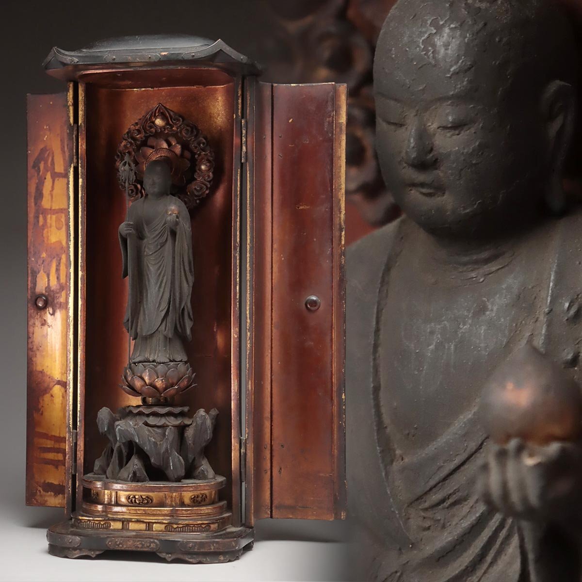 瑞】仏教美術 木彫 細工不動明王立像 厨子入|美術品 瑞】仏教美術 木彫 細工不動明王立像 厨子入|美術品