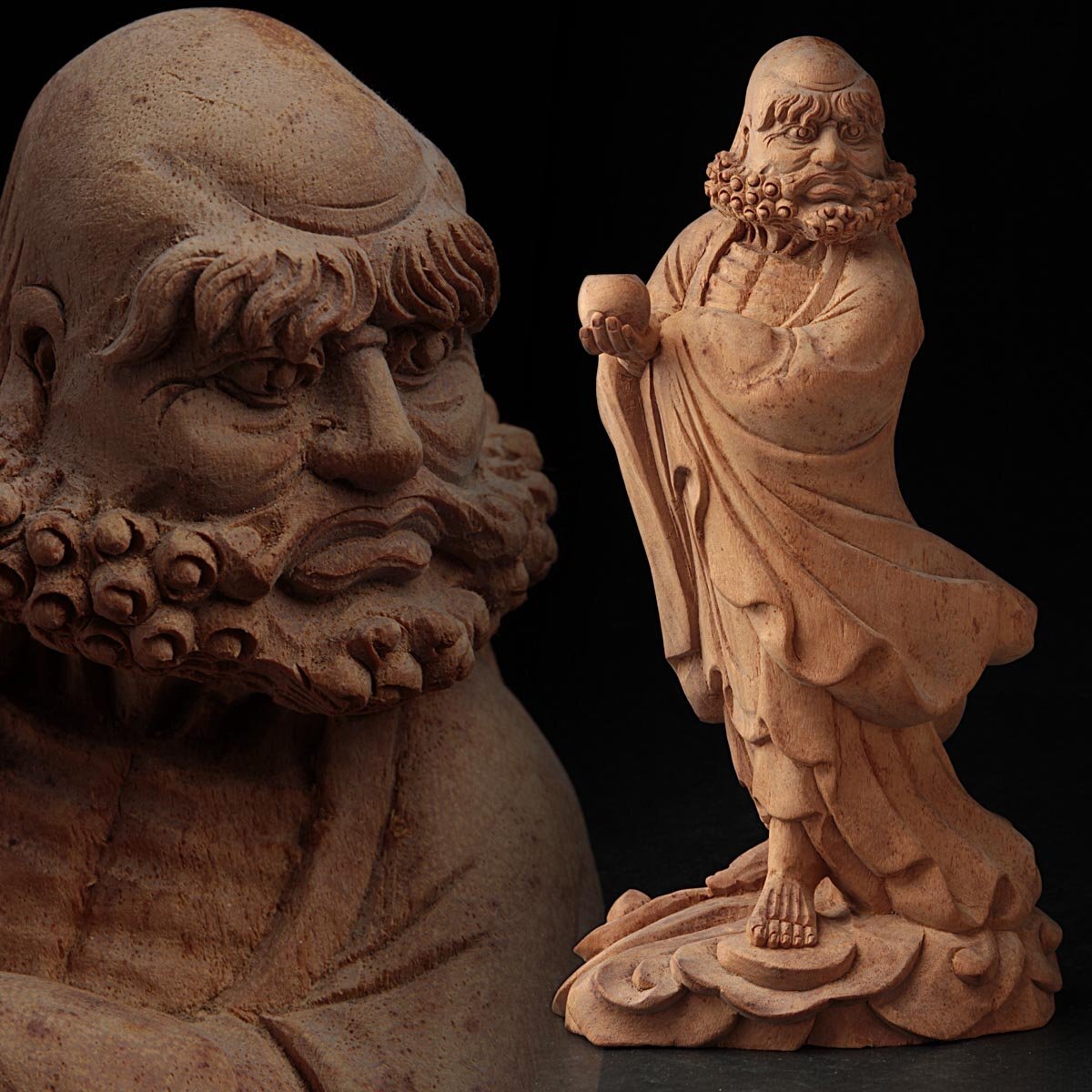 JN526 仏教美術 木彫 一刀彫「達磨大師」置物 高21cm 重320g JN526 仏教美術 木彫 一刀彫「達磨大師」置物 高21cm 重320g
