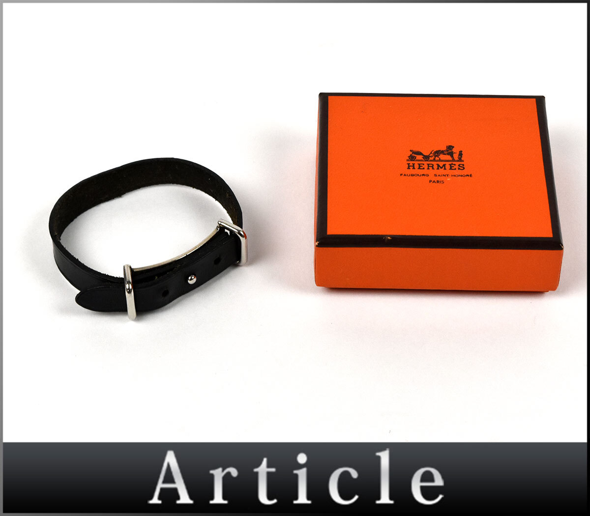 800469〇 HERMES エルメス アピ2 ブレスレット バングル アクセサリー レザー 革 ブラック 黒 シルバー メンズ レディース 箱/ E