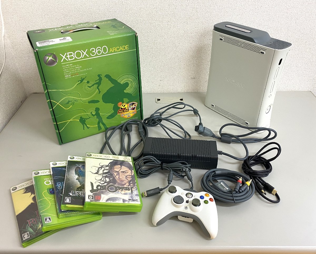 高崎店【中古品】r12-99 Microsoft マイクロソフト XBOX 360 本体 初期化済み 簡易動作確認済み ソフト5本 その他ケーブル等