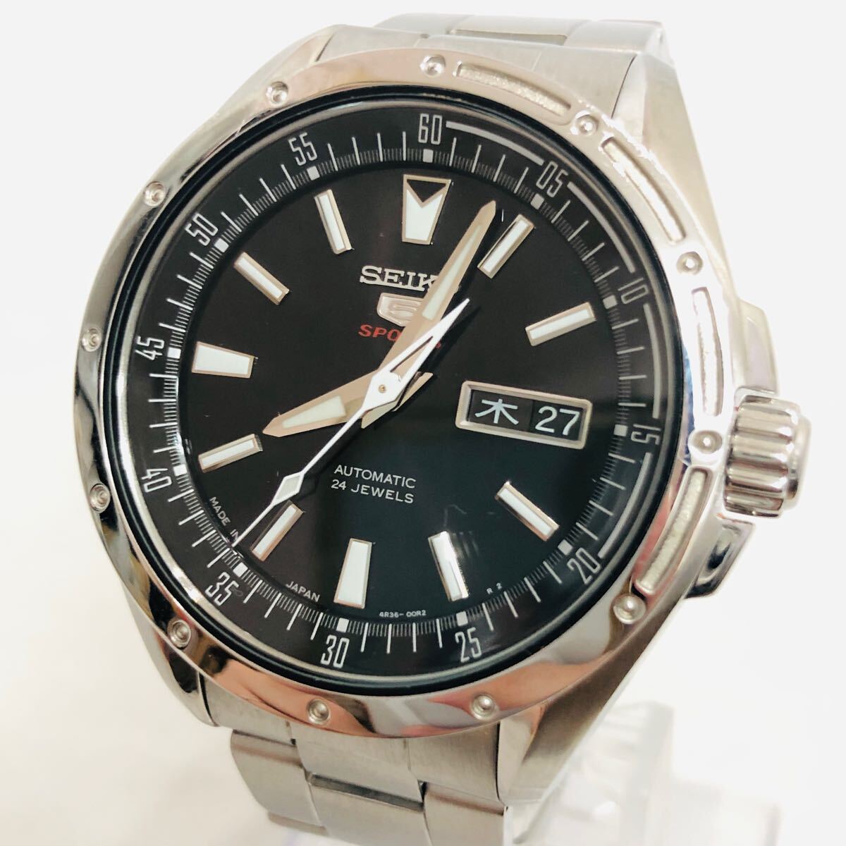 1円 美品 稼働品 SEIKO 5 SPORTS セイコー ファイブ スポーツ メンズ 腕時計 4R36-00E0 デイデイト 自動巻き AT 24石 裏スケ 黒文字盤