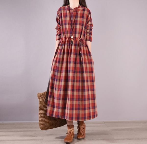 春新品 カジュアル ゆったり 20304050代 チェック柄 綿麻 大きいサイズ おしゃれ 長袖 ロングワンピース ★ 赤 /2XLサイズ