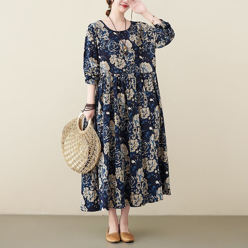 秋新品 ロングワンピース 花柄ワンピース レディース 綿麻混風 長袖 体型カバー 大きいサイズ ★2XLサイズ