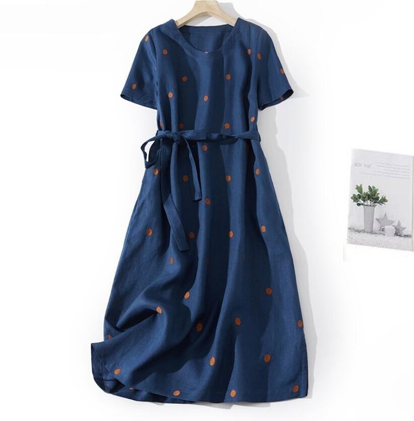 夏新品 リネンワンピース 半袖 レディース 綿麻 プリント柄 ワンピース ゆったり ロングワンピース★紺/Lサイズ