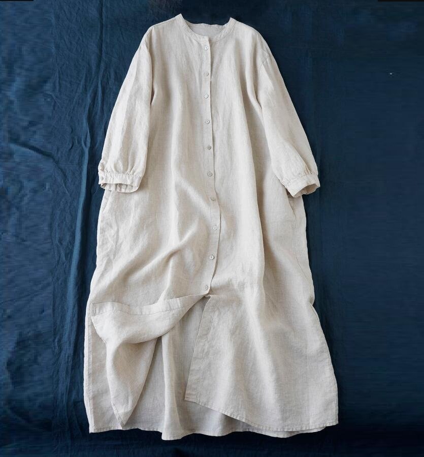 新品 ロングワンピース リネン綿麻 長袖 大きいサイズ カジュアル 大人 無地 シャツワンピース★麻色/2XLサイズ