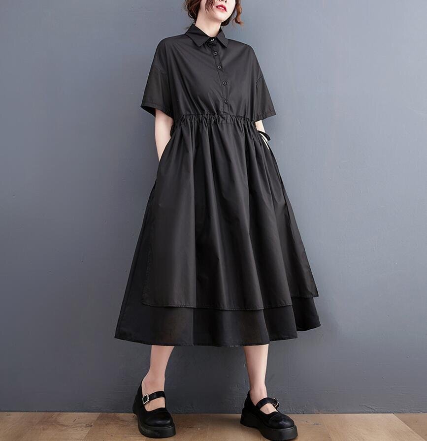 Fサイズ■カジュアル ロング シャツワンピース 夏新品 大人 半袖 Aライン 大きいサイズ マキシ丈ワンピース★黒