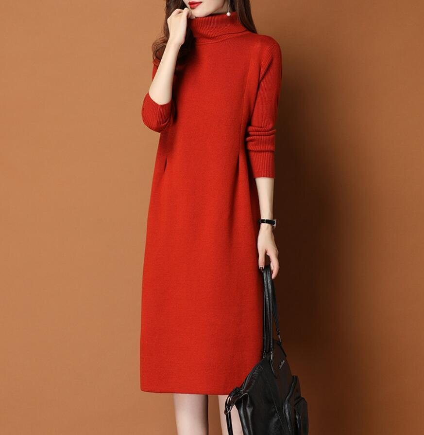 Fサイズ■ 秋冬 上品 ハイネック カシミヤ混 フォーマル 30代40代50代 暖かい ニットセーター ひざ丈ワンピース ■赤