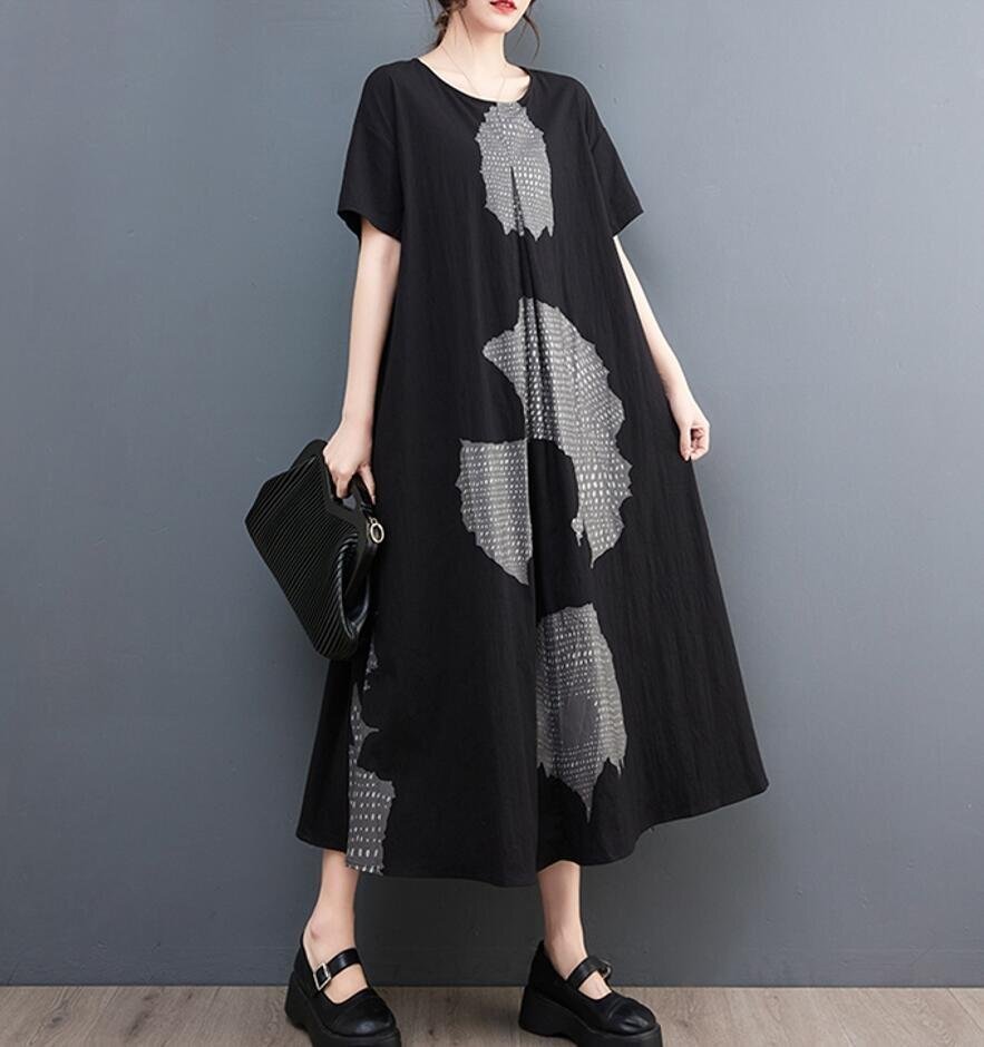 Fサイズ■上質 超綺麗 プリント 切り替え ロングワンピース レディース 半袖 大きいサイズ シャツワンピース★黒