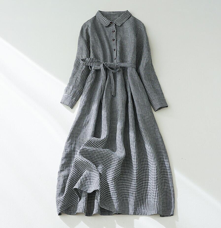 ゆるシルエット ワンピース レディース ロングワンピース きれいめ チェック柄 綿麻 長袖 体型カバー ★Mサイズ