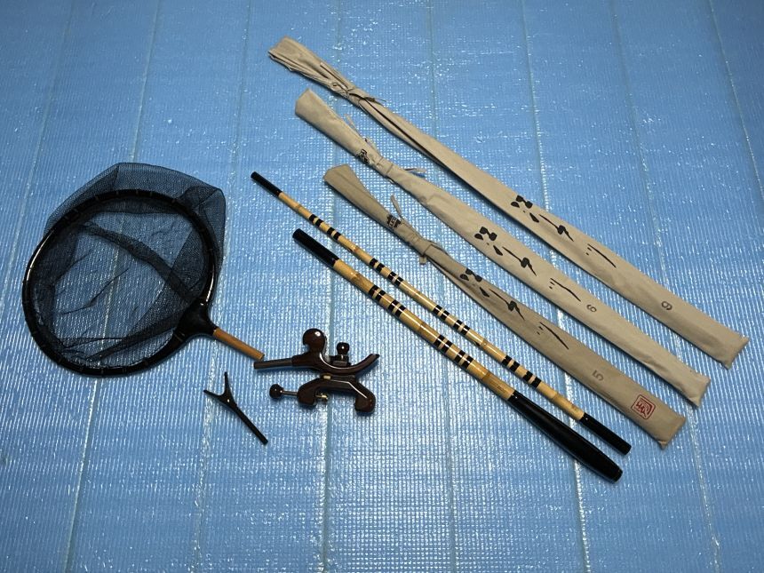 へらぶな用 自作ミニ竿掛け&玉の柄 玉網、万力セットと江戸川硬5 へらぶな用 自作ミニ竿掛け&玉の柄 玉網、万力セットと江戸川硬5