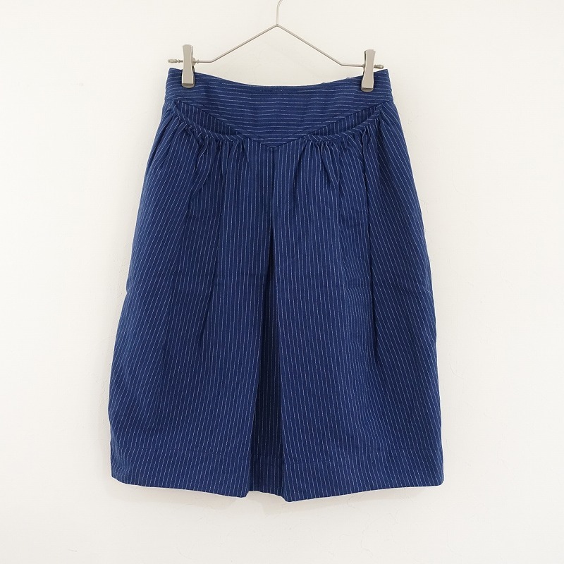 ホームスパン homspun *コットンリネンツイルストライプスカート*Mギャザーセンタータックポケット青×白(sk2-2412-275)【01A52】