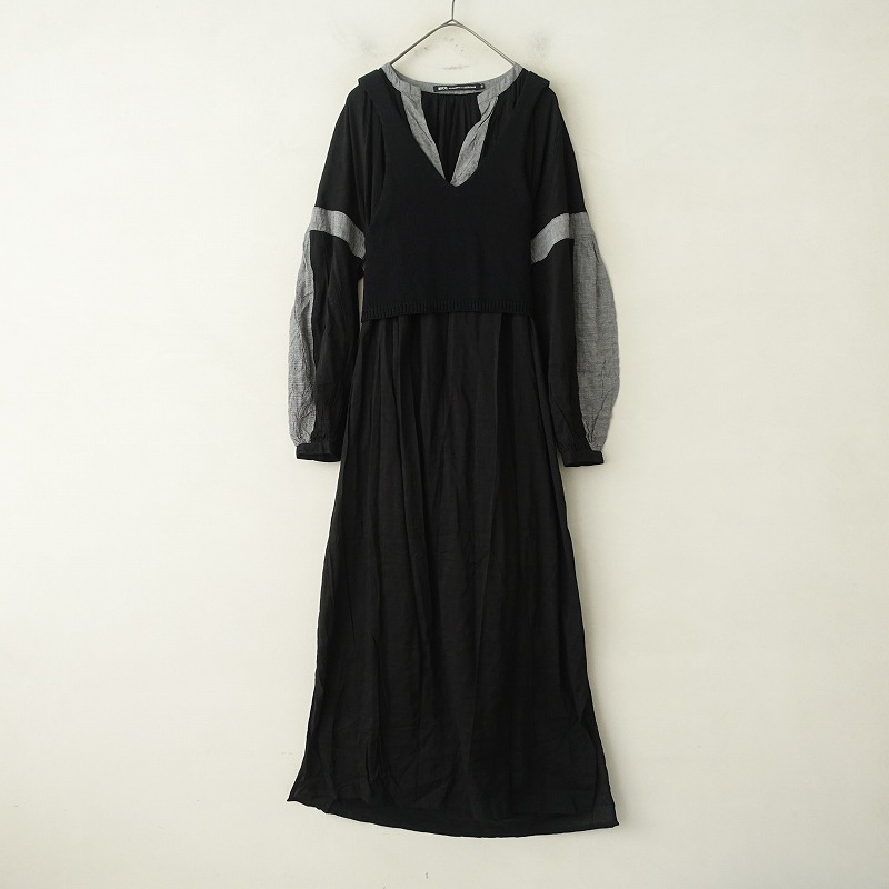 ニコルソン&ニコルソン NICO. *ニットベスト付きシャツワンピース*黒ブラックコットン混長袖ロング(33-2412-319)【61A52】