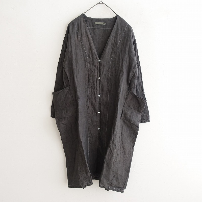 【染】エヴァムエヴァ evam eva *リネン羽織ワンピース*1麻グレーVネックドレスローブロングカーディガン(34-2412-11)【71A52】