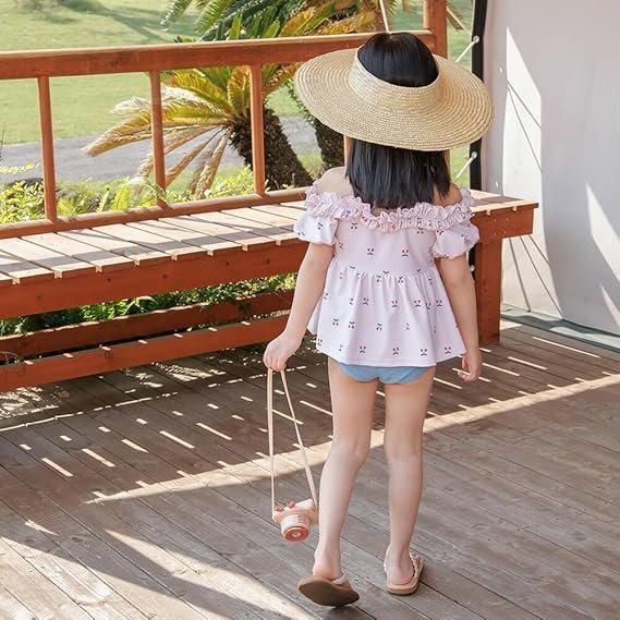 120ｃｍ 水著 女の子 オフショルダー ペプラム風(fēng) 半袖 3點(diǎn)セット セパレート フリル パフスリーブ ブルー＆ピンク　EE0331