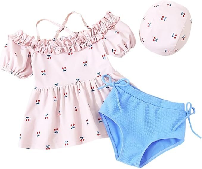 120ｃｍ 水著 女の子 オフショルダー ペプラム風(fēng) 半袖 3點(diǎn)セット セパレート フリル パフスリーブ ブルー＆ピンク　EE0331