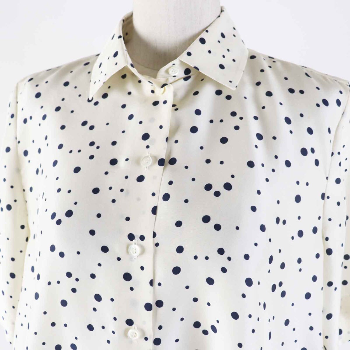 極美品◎Christian Dior クリスチャンディオール 141B61A6764 シルク100％ BEE刺繍 ドット柄 半袖シャツ アイボリー ネイビー 38 正規(guī)品